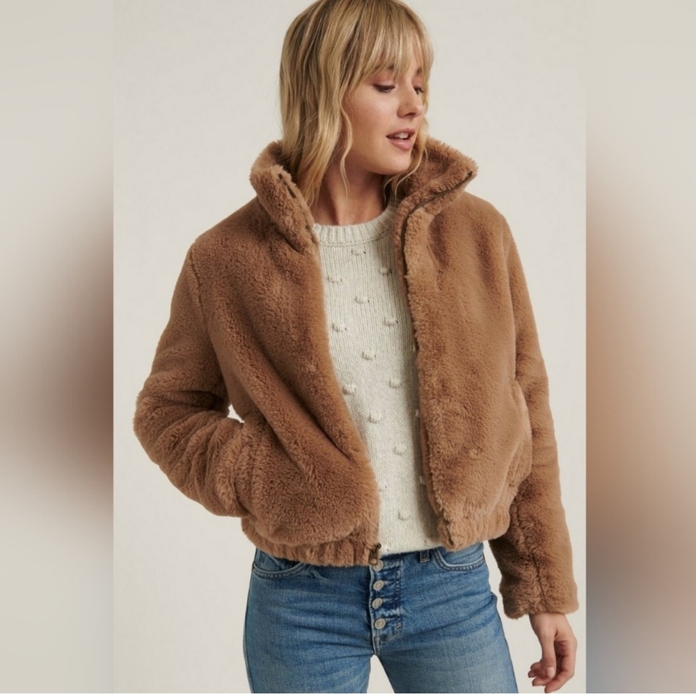 Lucky Brand Cropped Faux Fur Zip Up Teddy Jacket